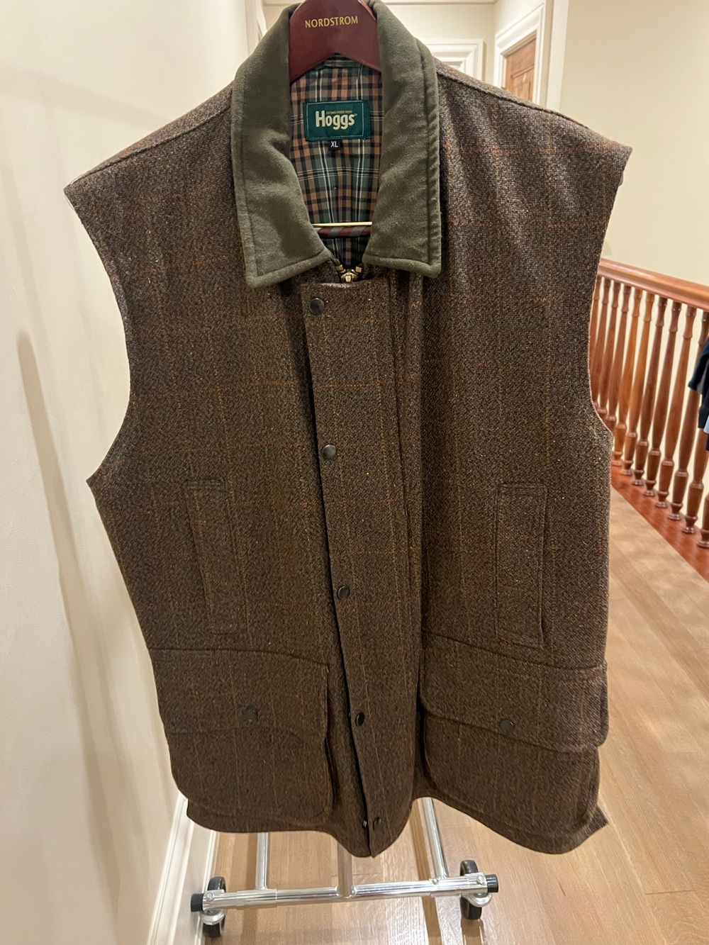 Hoggs Men's Brown Tweed Field Vest with Olive Collar